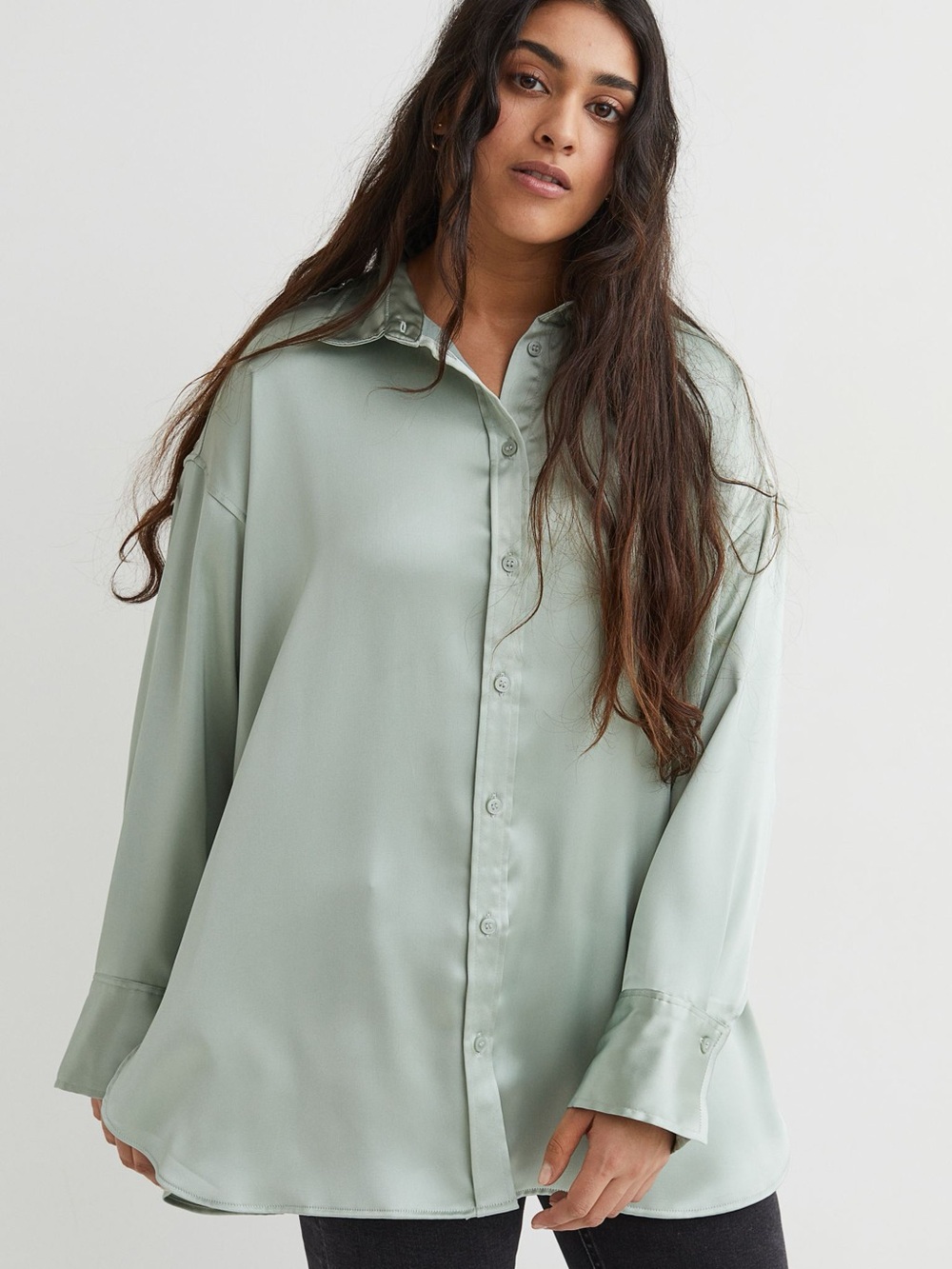 Zara Relaxed Button-Front Shirt in Sage Green